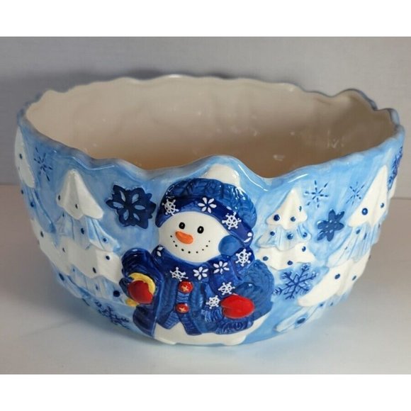 Christmas Snowman in Sweater Blue Snowflake Large Serving Bowl Homespun Holiday - Picture 1 of 10